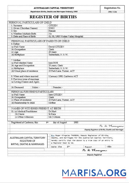 Printable Australia Australian Capital Territory birth certificate template in Word format, version 2
